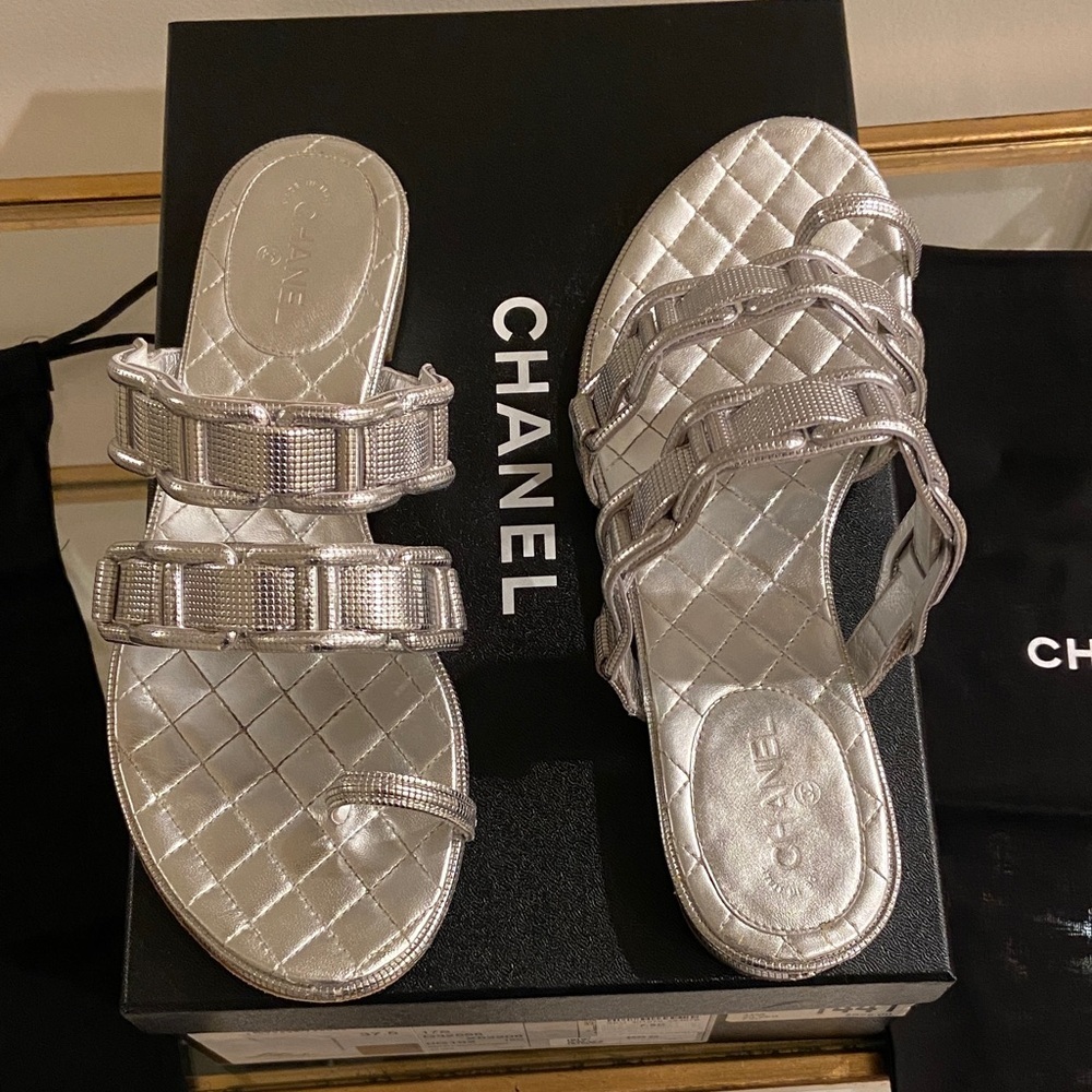CHANEL Silver Calfskin Quilted Slip In Sandals 7.5 - Picture 5 of 16